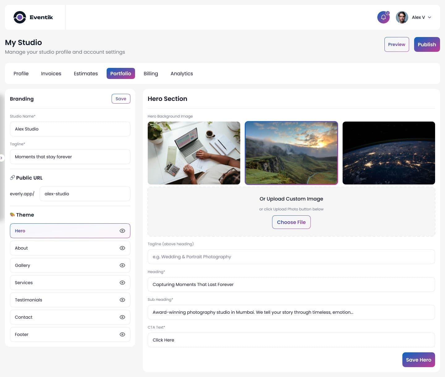 Eventik portfolio website builder with hero, gallery, services, and theme controls