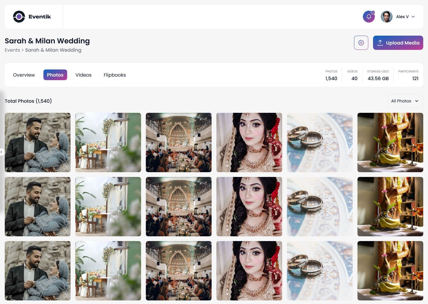 Eventik event media manager showing photos, videos, and flipbooks for a wedding